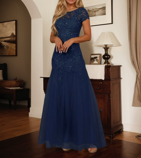Dark Navy Mermaid Scoop Sequins Tulle Dress