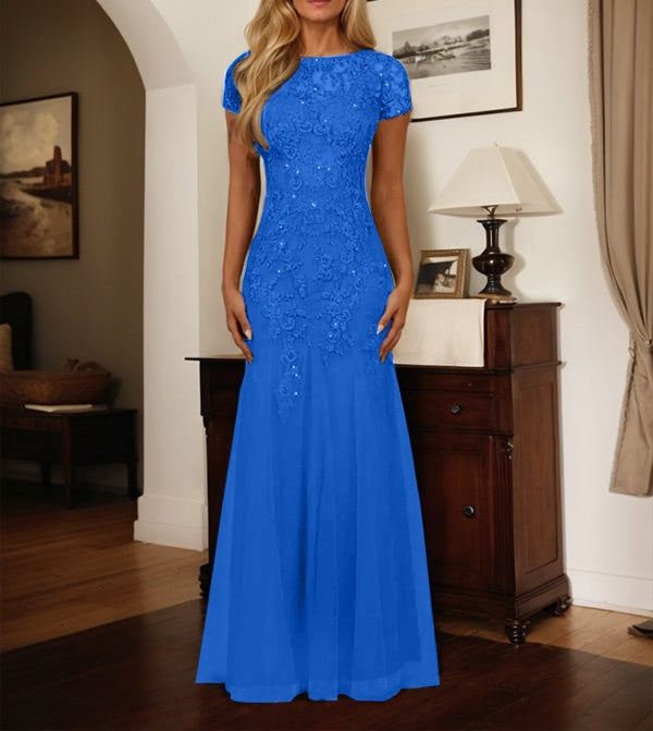 Dark Navy Mermaid Scoop Sequins Tulle Dress