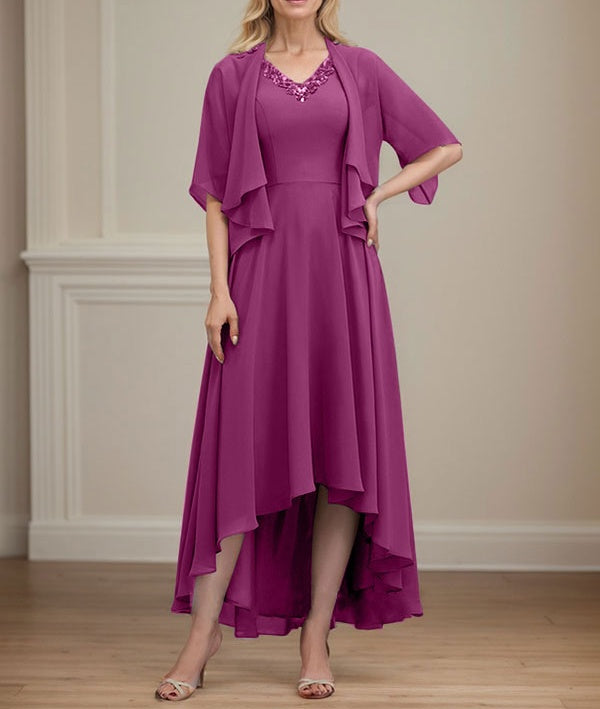 A-line V-Neck Asymmetrical Chiffon Mother of the Bride Dress With Beading Sequins