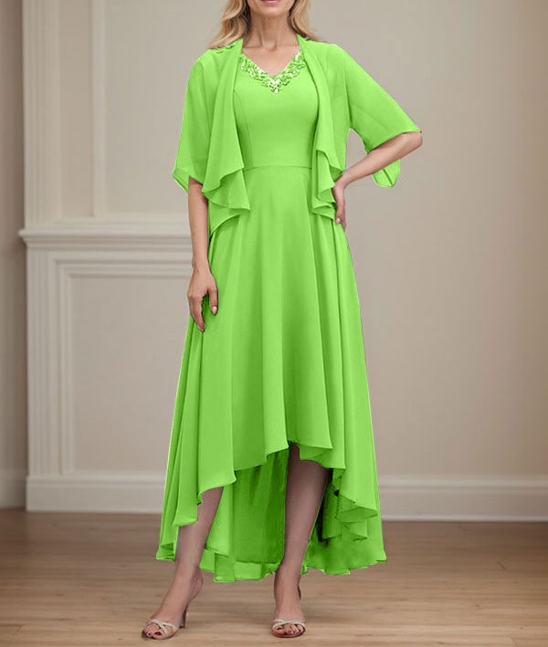 A-line V-Neck Asymmetrical Chiffon Mother of the Bride Dress With Beading Sequins