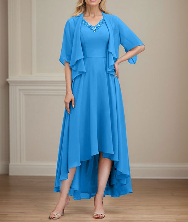 A-line V-Neck Asymmetrical Chiffon Mother of the Bride Dress With Beading Sequins