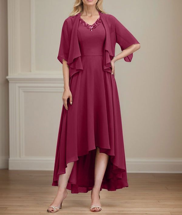 A-line V-Neck Asymmetrical Chiffon Mother of the Bride Dress With Beading Sequins