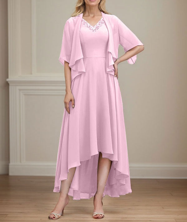 A-line V-Neck Asymmetrical Chiffon Mother of the Bride Dress With Beading Sequins