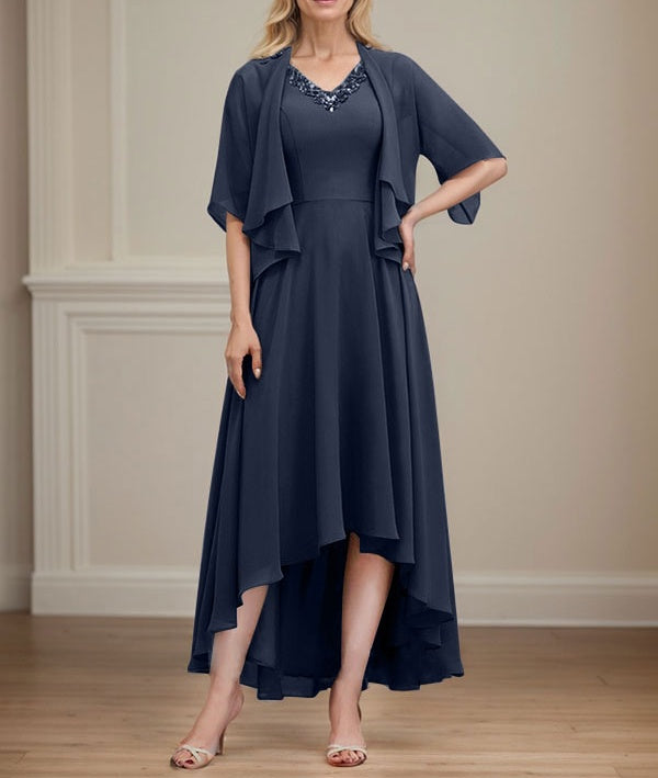 A-line V-Neck Asymmetrical Chiffon Mother of the Bride Dress With Beading Sequins
