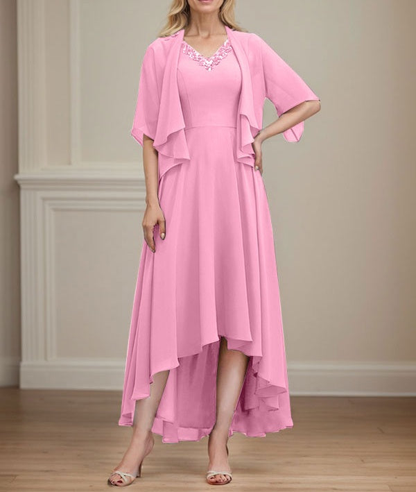 A-line V-Neck Asymmetrical Chiffon Mother of the Bride Dress With Beading Sequins