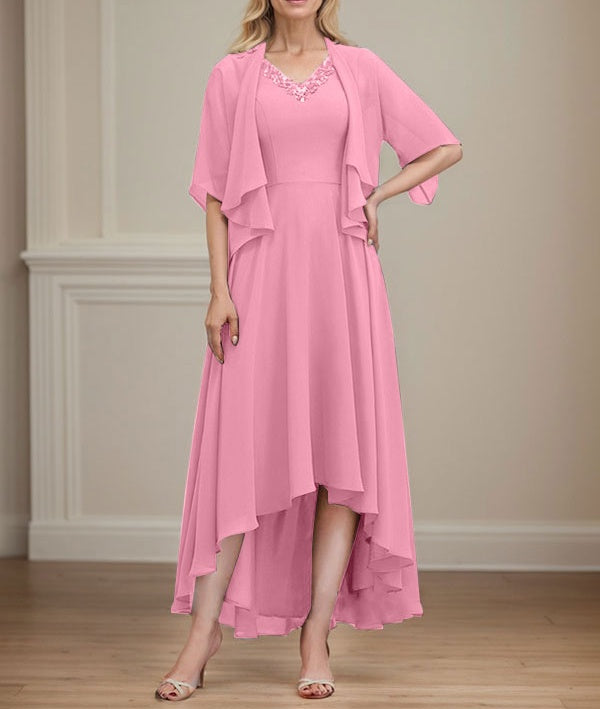 A-line V-Neck Asymmetrical Chiffon Mother of the Bride Dress With Beading Sequins