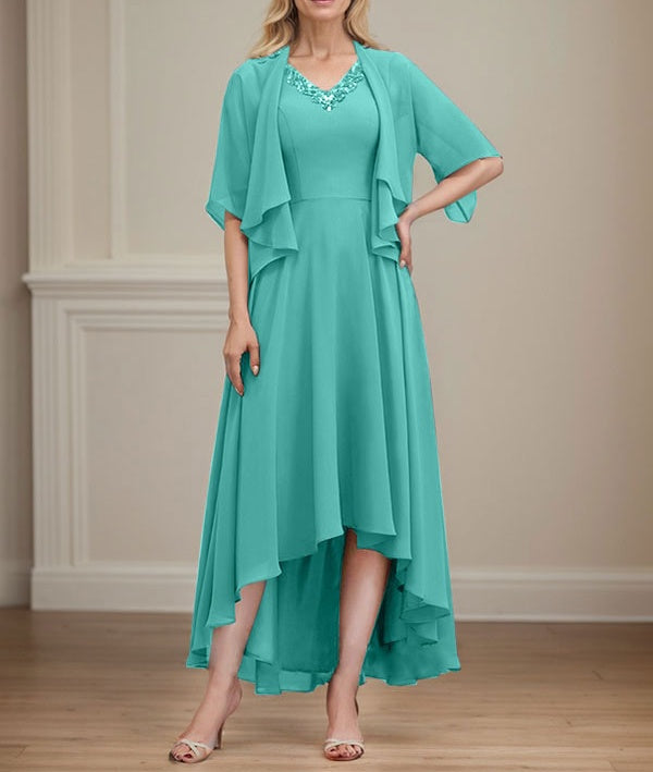 A-line V-Neck Asymmetrical Chiffon Mother of the Bride Dress With Beading Sequins