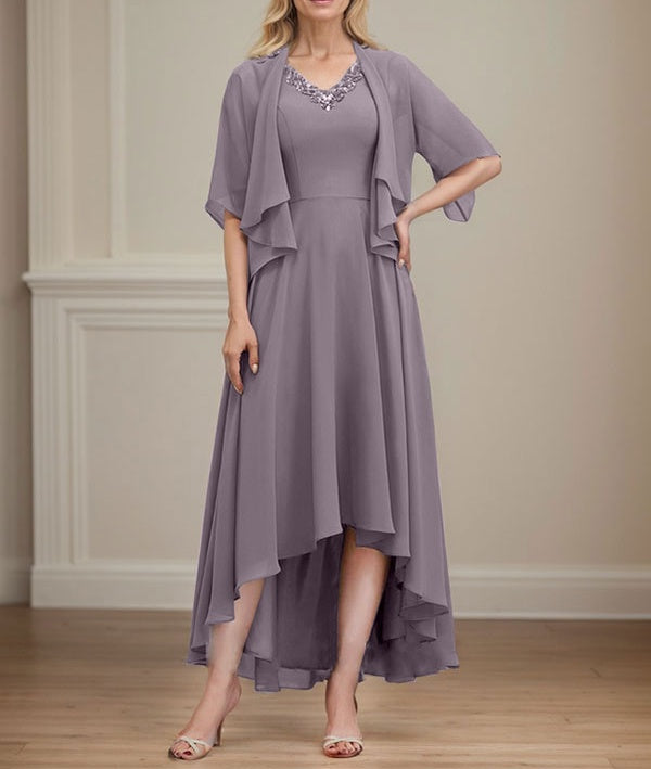 A-line V-Neck Asymmetrical Chiffon Mother of the Bride Dress With Beading Sequins