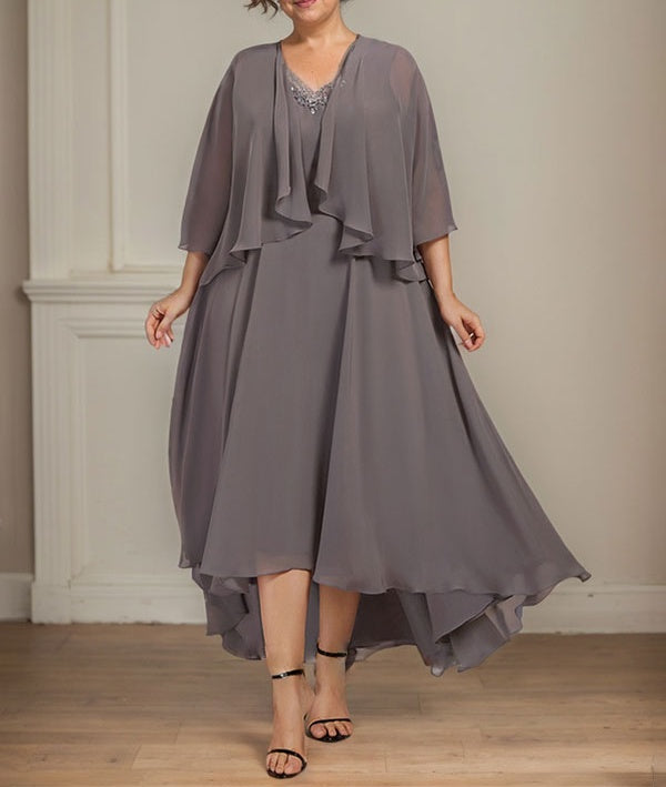 A-line V-Neck Asymmetrical Chiffon Mother of the Bride Dress With Beading Sequins