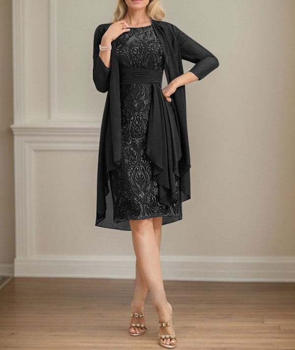 Sheath/Column Scoop Illusion Knee-Length Lace Chiffon Mother of the Bride Dress With Cascading Ruffles Sequins