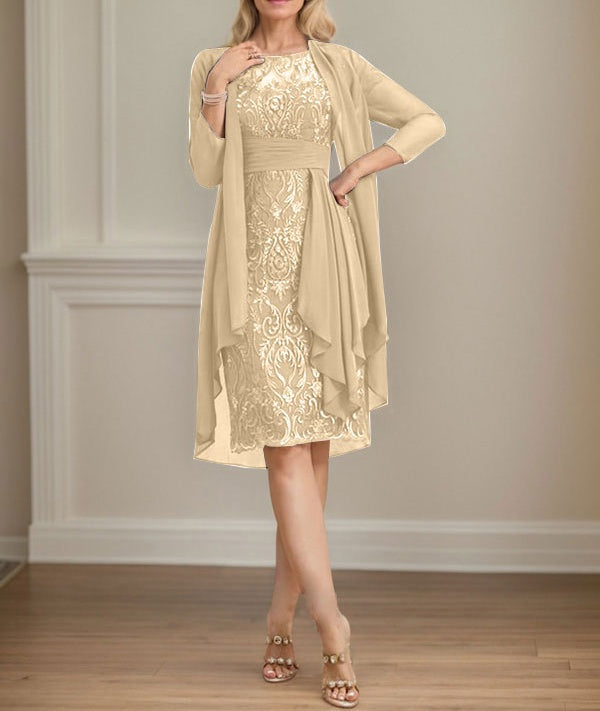 Sheath/Column Scoop Illusion Knee-Length Lace Chiffon Mother of the Bride Dress With Cascading Ruffles Sequins