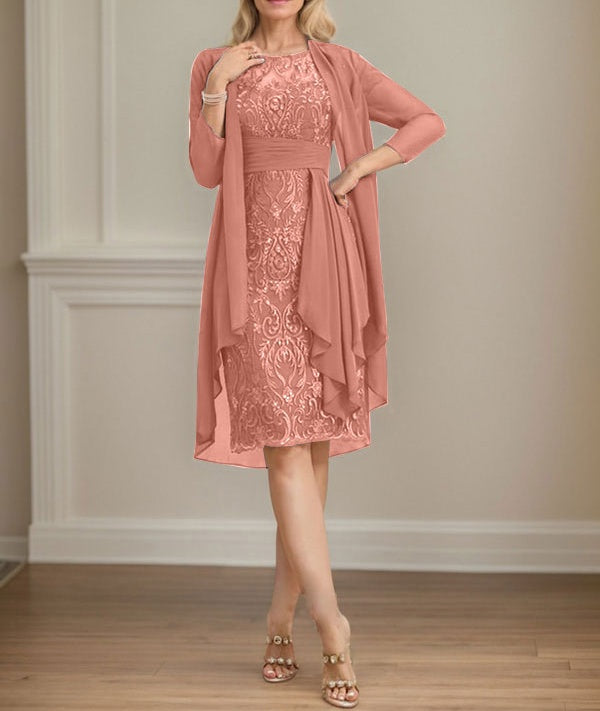 Sheath/Column Scoop Illusion Knee-Length Lace Chiffon Mother of the Bride Dress With Cascading Ruffles Sequins