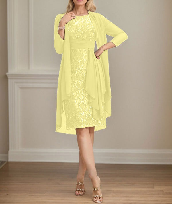 Sheath/Column Scoop Illusion Knee-Length Lace Chiffon Mother of the Bride Dress With Cascading Ruffles Sequins