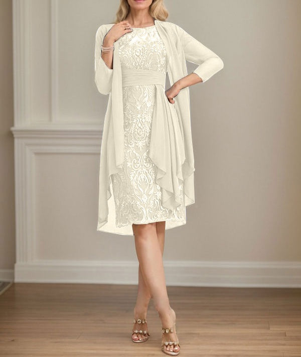 Sheath/Column Scoop Illusion Knee-Length Lace Chiffon Mother of the Bride Dress With Cascading Ruffles Sequins