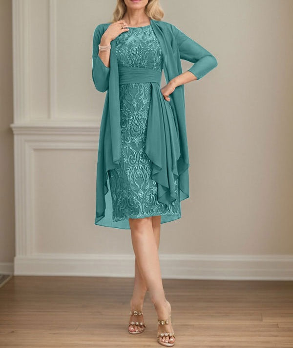 Sheath/Column Scoop Illusion Knee-Length Lace Chiffon Mother of the Bride Dress With Cascading Ruffles Sequins