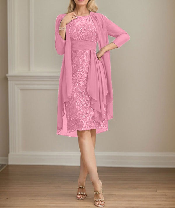 Sheath/Column Scoop Illusion Knee-Length Lace Chiffon Mother of the Bride Dress With Cascading Ruffles Sequins