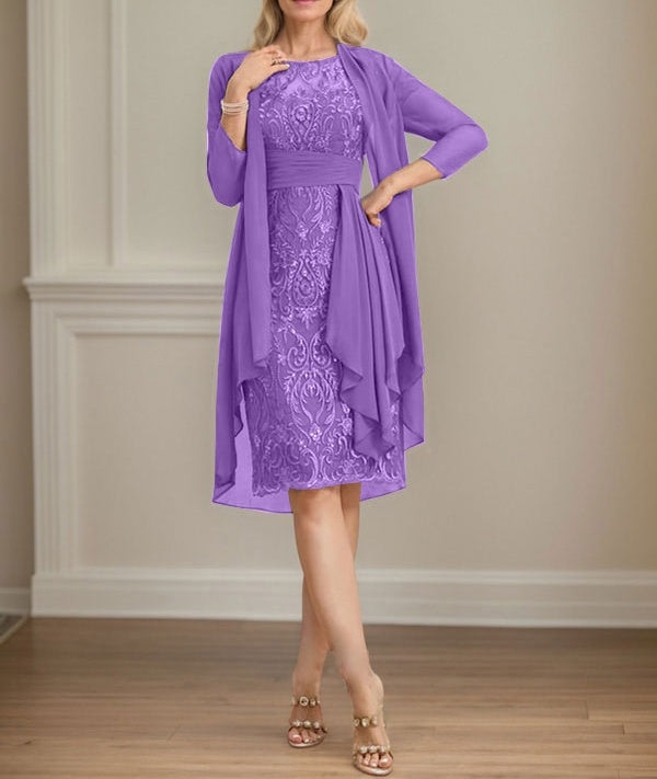 Sheath/Column Scoop Illusion Knee-Length Lace Chiffon Mother of the Bride Dress With Cascading Ruffles Sequins