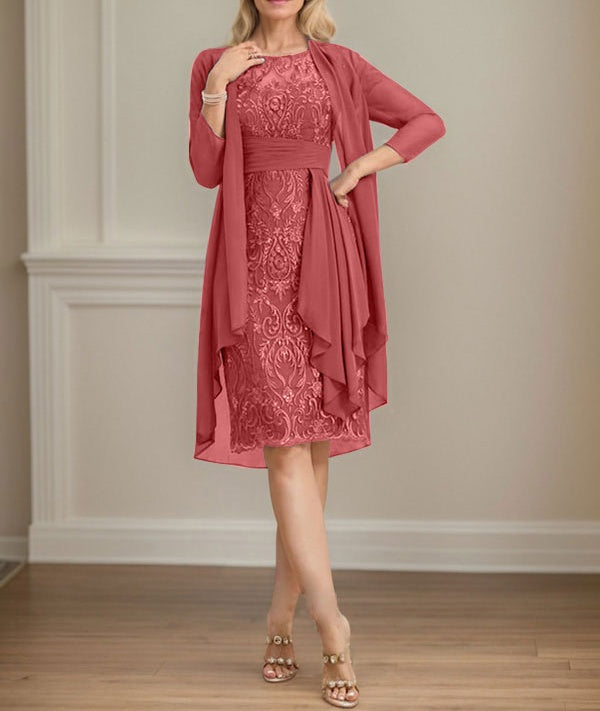 Sheath/Column Scoop Illusion Knee-Length Lace Chiffon Mother of the Bride Dress With Cascading Ruffles Sequins