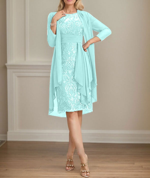 Sheath/Column Scoop Illusion Knee-Length Lace Chiffon Mother of the Bride Dress With Cascading Ruffles Sequins