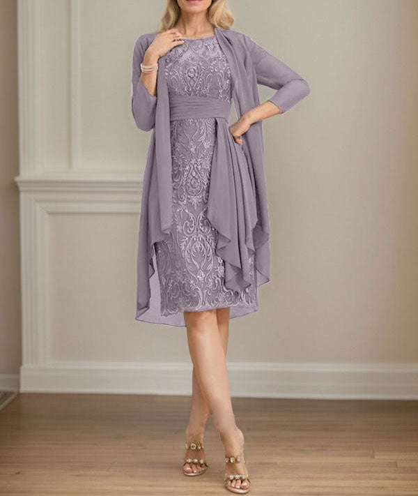 Sheath/Column Scoop Illusion Knee-Length Lace Chiffon Mother of the Bride Dress With Cascading Ruffles Sequins