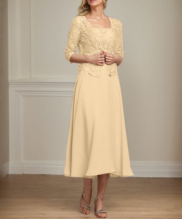 A-line Square Tea-Length Chiffon Lace Mother of the Bride Dress With Sequins Beading