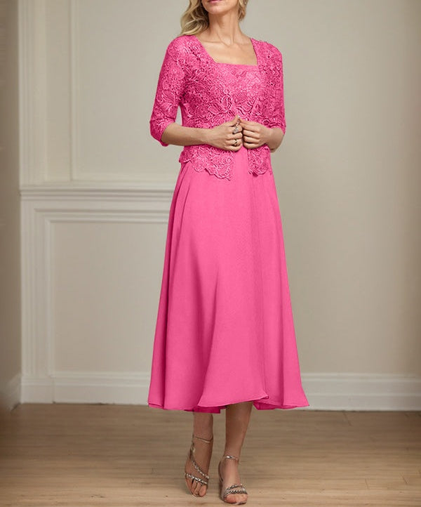 A-line Square Tea-Length Chiffon Lace Mother of the Bride Dress With Sequins Beading
