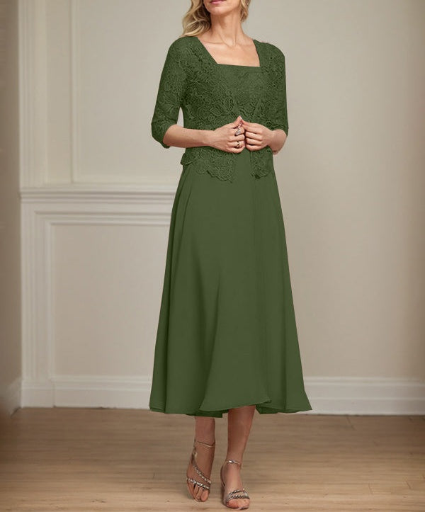 A-line Square Tea-Length Chiffon Lace Mother of the Bride Dress With Sequins Beading
