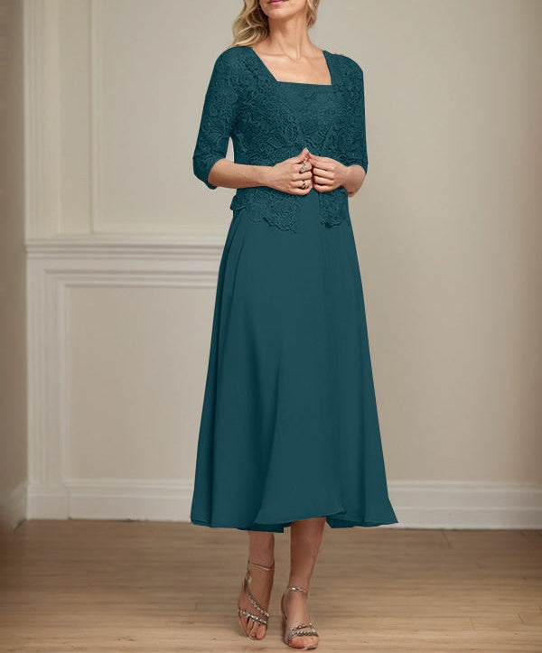 A-line Square Tea-Length Chiffon Lace Mother of the Bride Dress With Sequins Beading