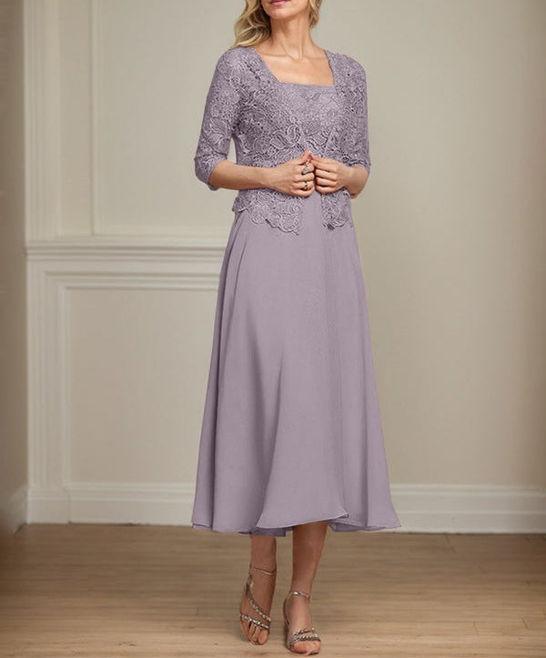 A-line Square Tea-Length Chiffon Lace Mother of the Bride Dress With Sequins Beading