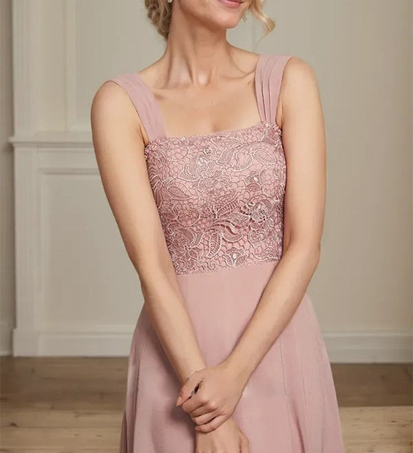 A-line Square Tea-Length Chiffon Lace Mother of the Bride Dress With Sequins Beading