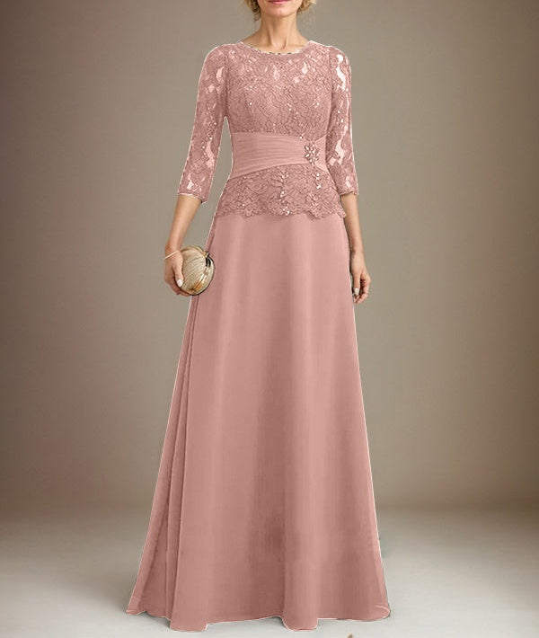 A-line Scoop Illusion Floor-Length Chiffon Lace Mother of the Bride Dress With Pleated Sequins Beading
