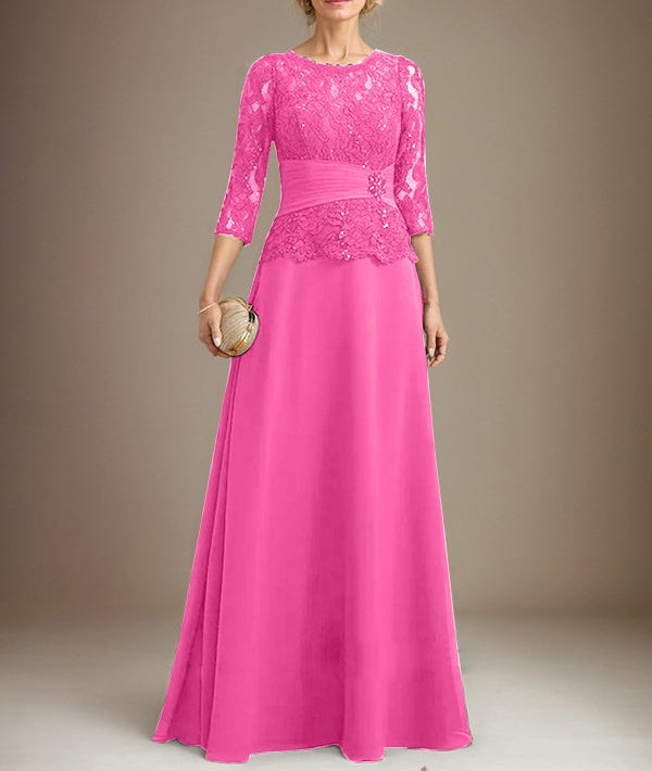 A-line Scoop Illusion Floor-Length Chiffon Lace Mother of the Bride Dress With Pleated Sequins Beading