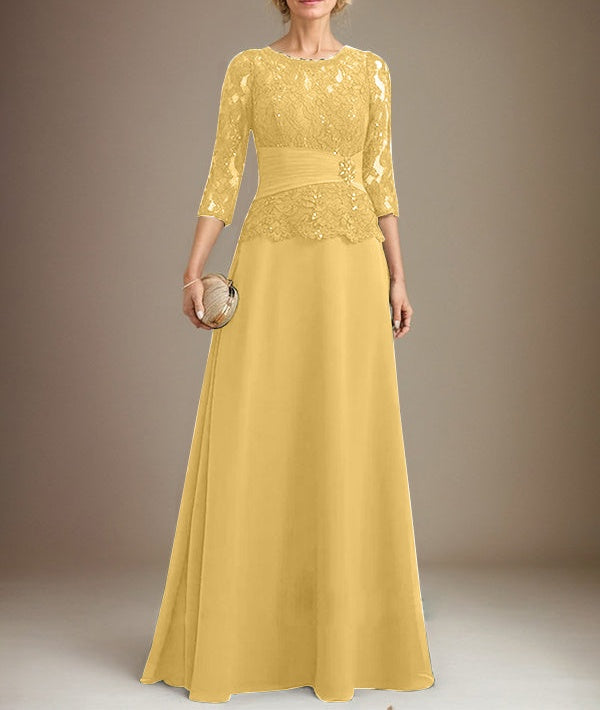 A-line Scoop Illusion Floor-Length Chiffon Lace Mother of the Bride Dress With Pleated Sequins Beading