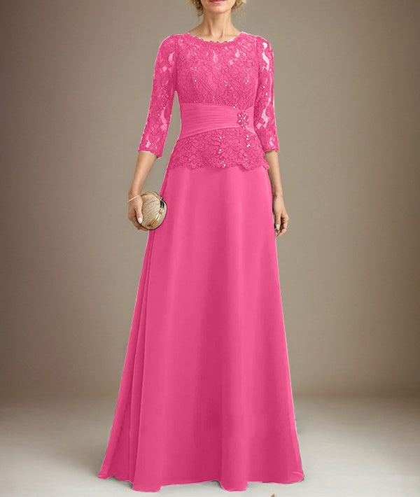 A-line Scoop Illusion Floor-Length Chiffon Lace Mother of the Bride Dress With Pleated Sequins Beading