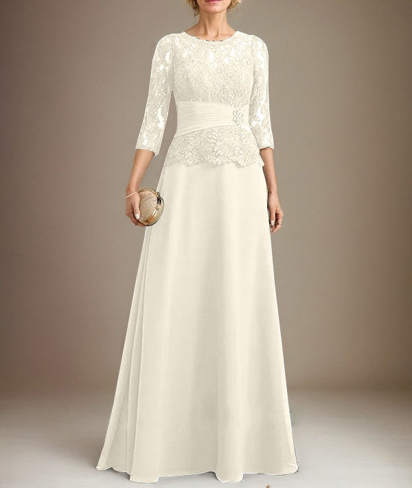 A-line Scoop Illusion Floor-Length Chiffon Lace Mother of the Bride Dress With Pleated Sequins Beading