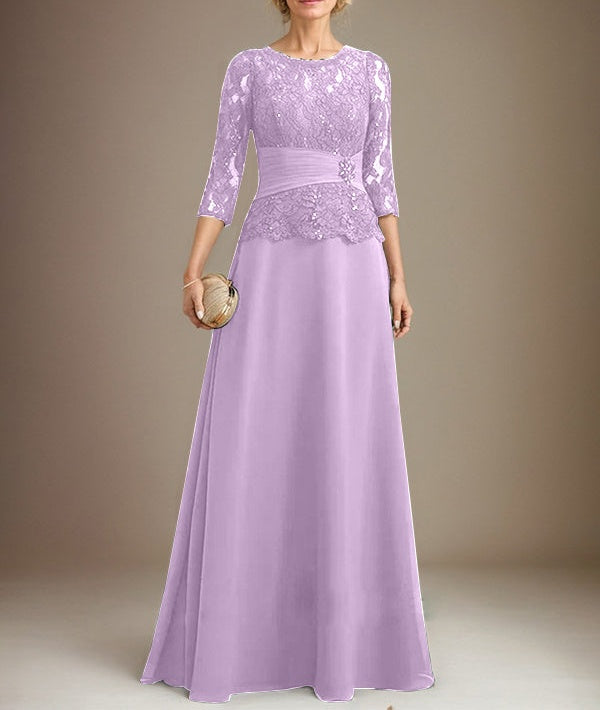 A-line Scoop Illusion Floor-Length Chiffon Lace Mother of the Bride Dress With Pleated Sequins Beading