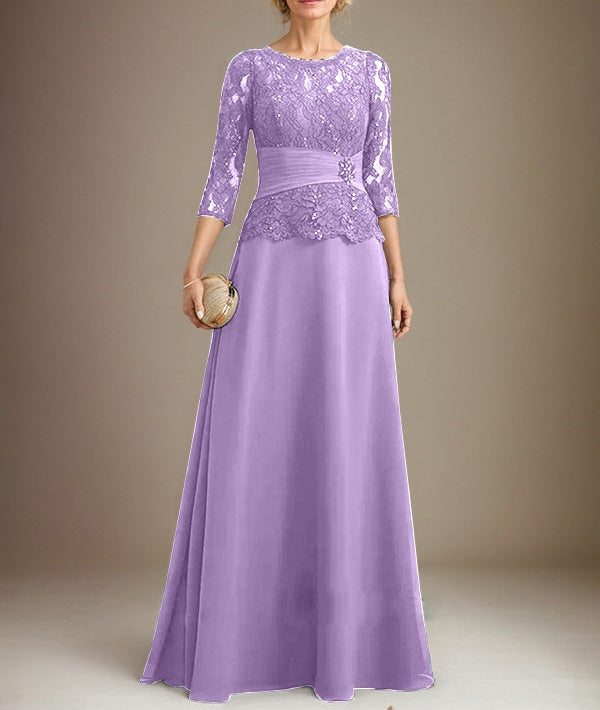 A-line Scoop Illusion Floor-Length Chiffon Lace Mother of the Bride Dress With Pleated Sequins Beading