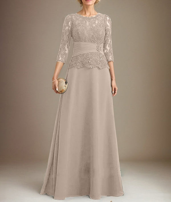 A-line Scoop Illusion Floor-Length Chiffon Lace Mother of the Bride Dress With Pleated Sequins Beading