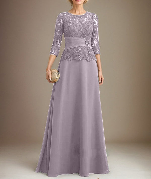 A-line Scoop Illusion Floor-Length Chiffon Lace Mother of the Bride Dress With Pleated Sequins Beading