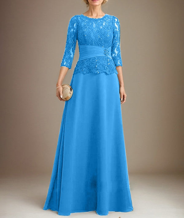 A-line Scoop Illusion Floor-Length Chiffon Lace Mother of the Bride Dress With Pleated Sequins Beading