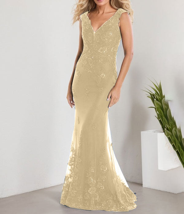 A-line V-Neck Floor-Length Lace Chiffon Mother of the Bride Dress With Applique Sequins Mermaid Dresses
