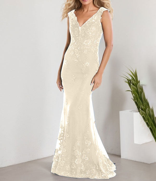 A-line V-Neck Floor-Length Lace Chiffon Mother of the Bride Dress With Applique Sequins Mermaid Dresses