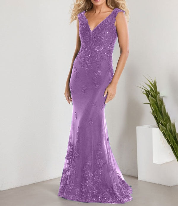 A-line V-Neck Floor-Length Lace Chiffon Mother of the Bride Dress With Applique Sequins Mermaid Dresses