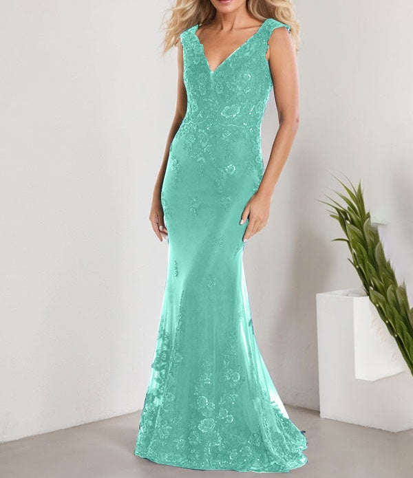 A-line V-Neck Floor-Length Lace Chiffon Mother of the Bride Dress With Applique Sequins Mermaid Dresses