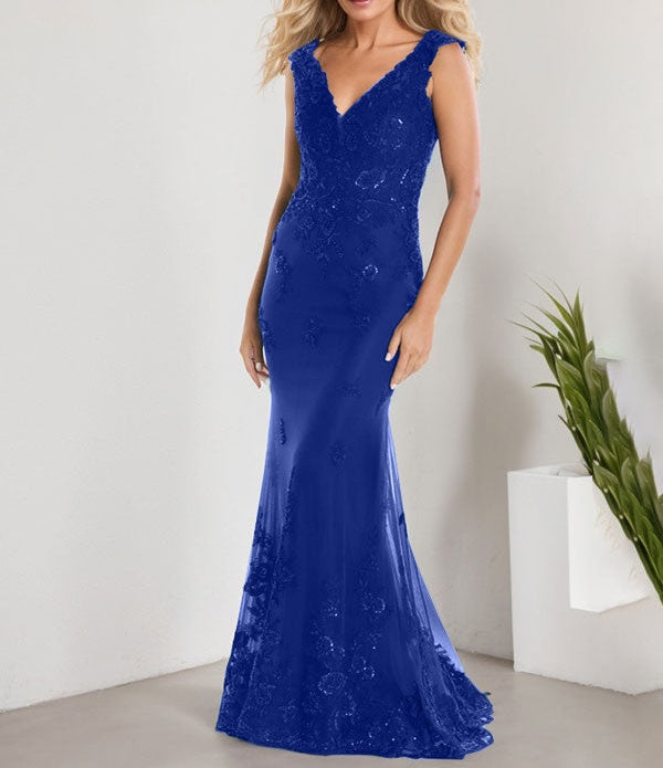 A-line V-Neck Floor-Length Lace Chiffon Mother of the Bride Dress With Applique Sequins Mermaid Dresses