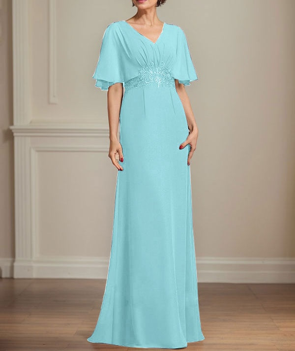 A-line V-Neck Floor-Length Chiffon Mother of the Bride Dress With Pleated Sequins Appliques Lace