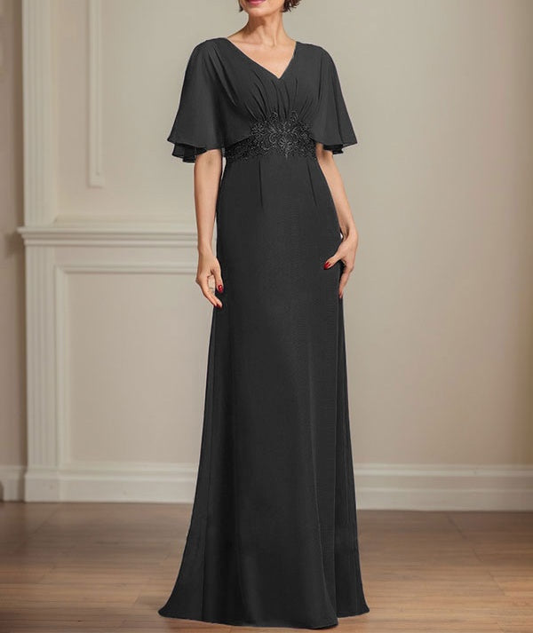 A-line V-Neck Floor-Length Chiffon Mother of the Bride Dress With Pleated Sequins Appliques Lace