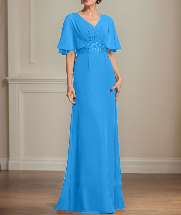 A-line V-Neck Floor-Length Chiffon Mother of the Bride Dress With Pleated Sequins Appliques Lace