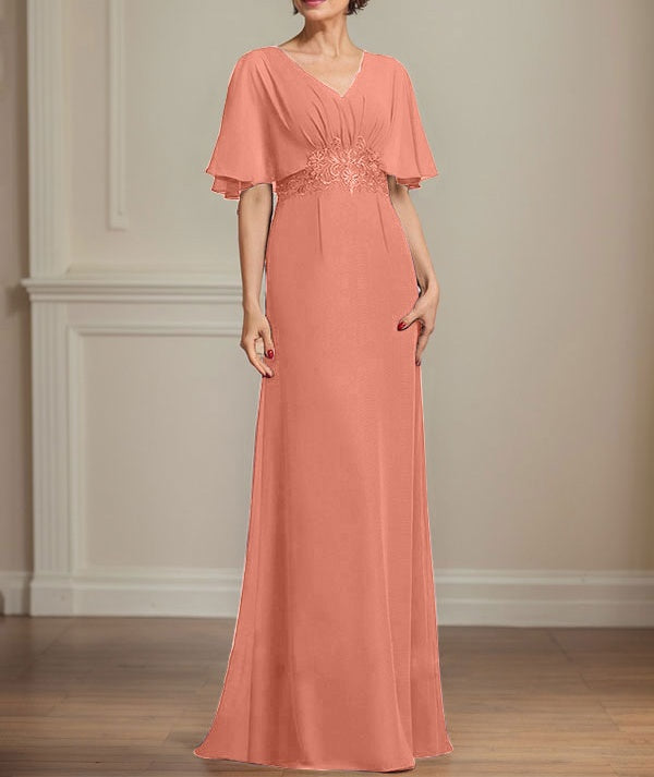 A-line V-Neck Floor-Length Chiffon Mother of the Bride Dress With Pleated Sequins Appliques Lace