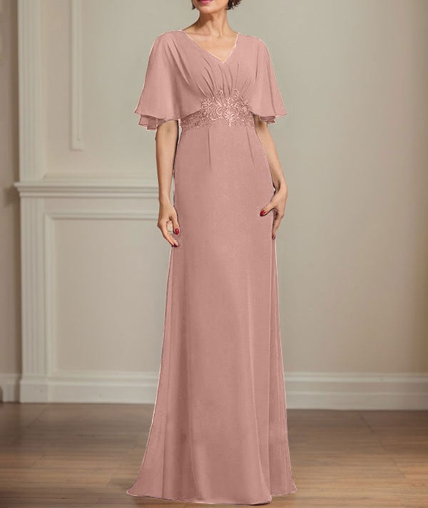 A-line V-Neck Floor-Length Chiffon Mother of the Bride Dress With Pleated Sequins Appliques Lace